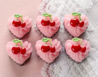 6 Pcs 3D Cherry Whipped Cream Heart Cake Cabochons - 15x15mm