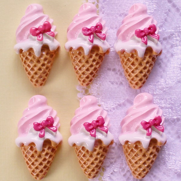 6 Pcs Sweet Bow Strawberry Ice Cream Cabochon - 23x12mm