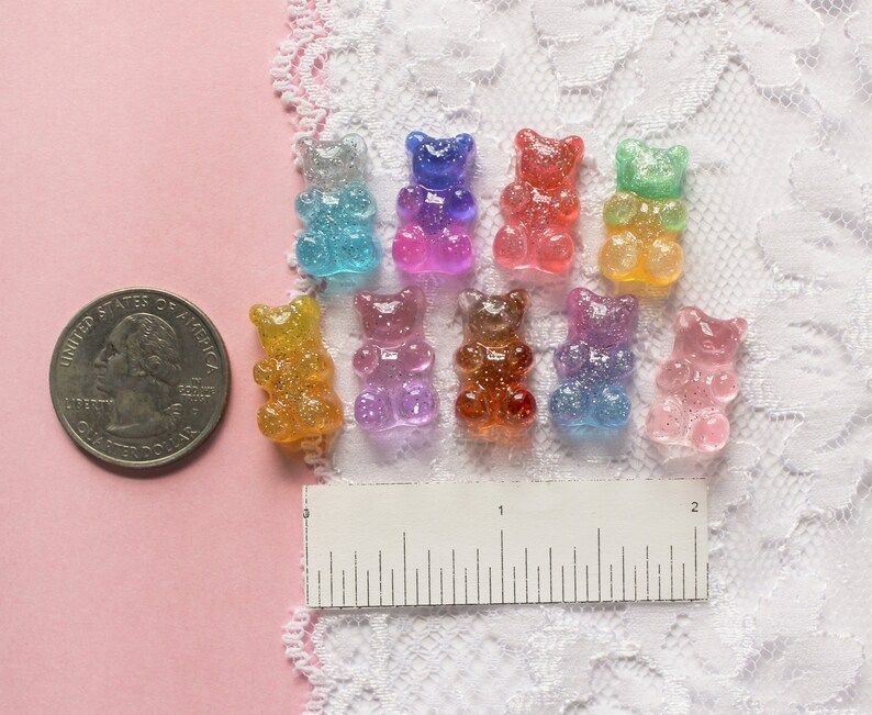 9 Pcs Assorted Realistic Transparent Glittery Color Transitioning Galaxy Gummy Bear Cabochons 17x10mm
