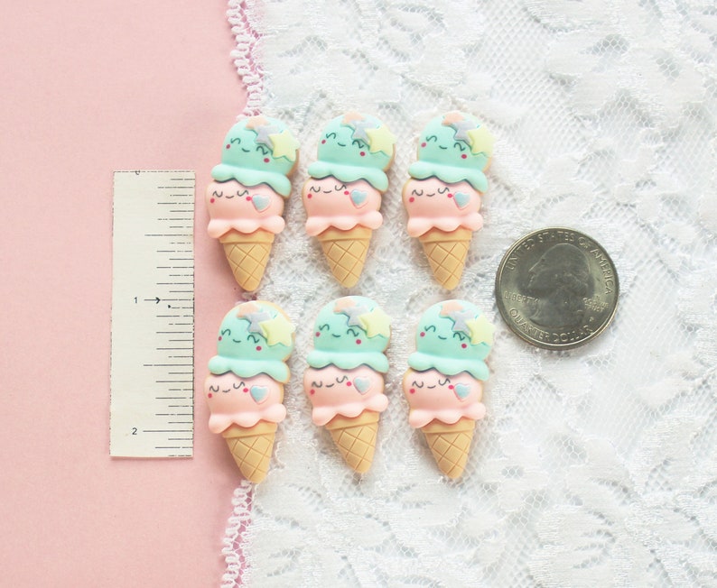 6 Pcs Smiley Pink and Blue Double Scoop Ice Cream Cabochons 33x19mm image 5