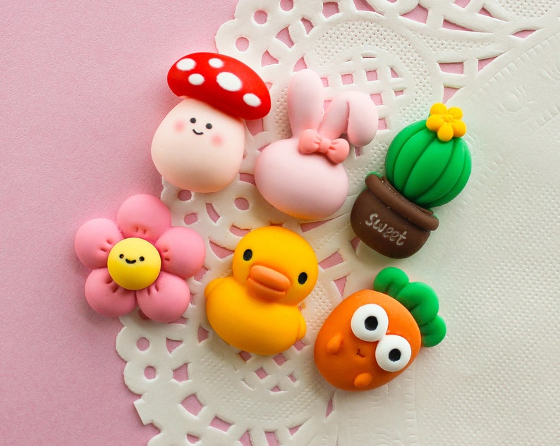 6 Pcs Matte Assorted Cute Puffy Animal and Plant Cabochons 25x20mm zdjęcie 3