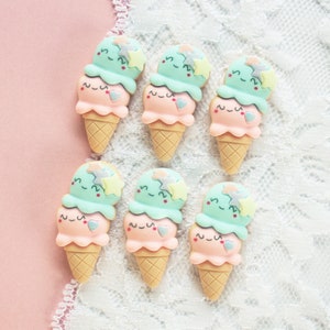 6 Pcs Smiley Pink and Blue Double Scoop Ice Cream Cabochons 33x19mm image 3