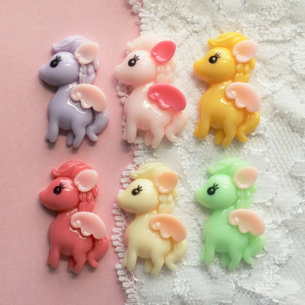 6 Pcs Assorted Pastel Pegasus Pony Cabochons - 31x17mm