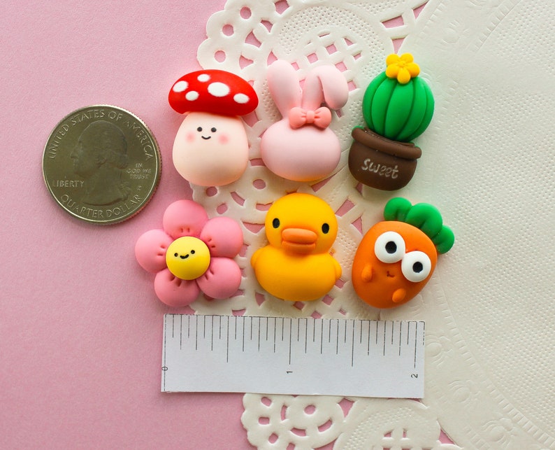 6 Pcs Matte Assorted Cute Puffy Animal and Plant Cabochons 25x20mm zdjęcie 5