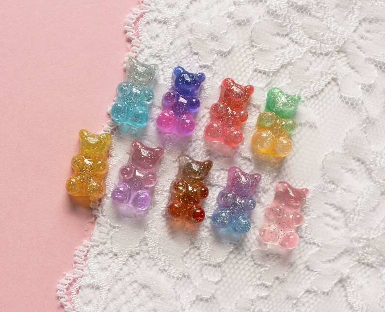 9 Pcs Assorted Realistic Transparent Glittery Color Transitioning Galaxy Gummy Bear Cabochons 17x10mm