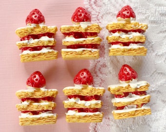 6 Pcs 3D Big Strawberry Shortcake Layer Cake Cabochons - 30x26mm