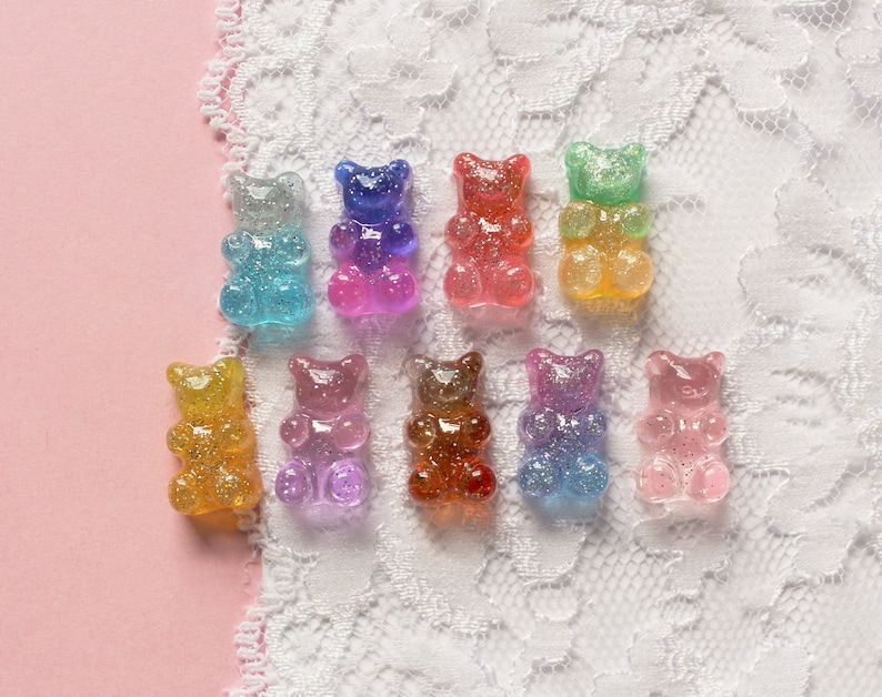 9 Pcs Assorted Realistic Transparent Glittery Color Transitioning Galaxy Gummy Bear Cabochons 17x10mm