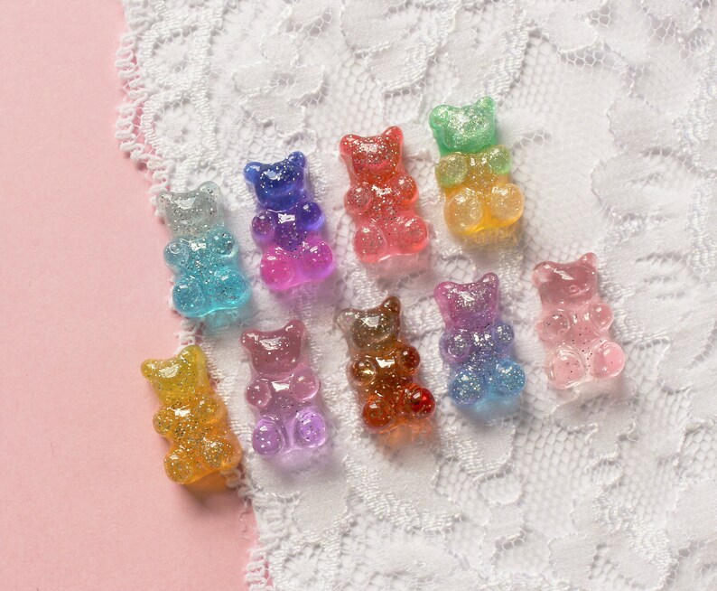 9 Pcs Assorted Realistic Transparent Glittery Color Transitioning Galaxy Gummy Bear Cabochons 17x10mm