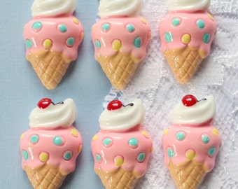 6 Pcs Big Polka Dot Ice Cream Cone Cabochons - 30x18mm