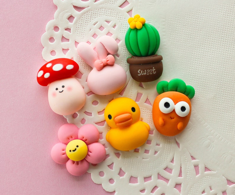 6 Pcs Matte Assorted Cute Puffy Animal and Plant Cabochons 25x20mm zdjęcie 2