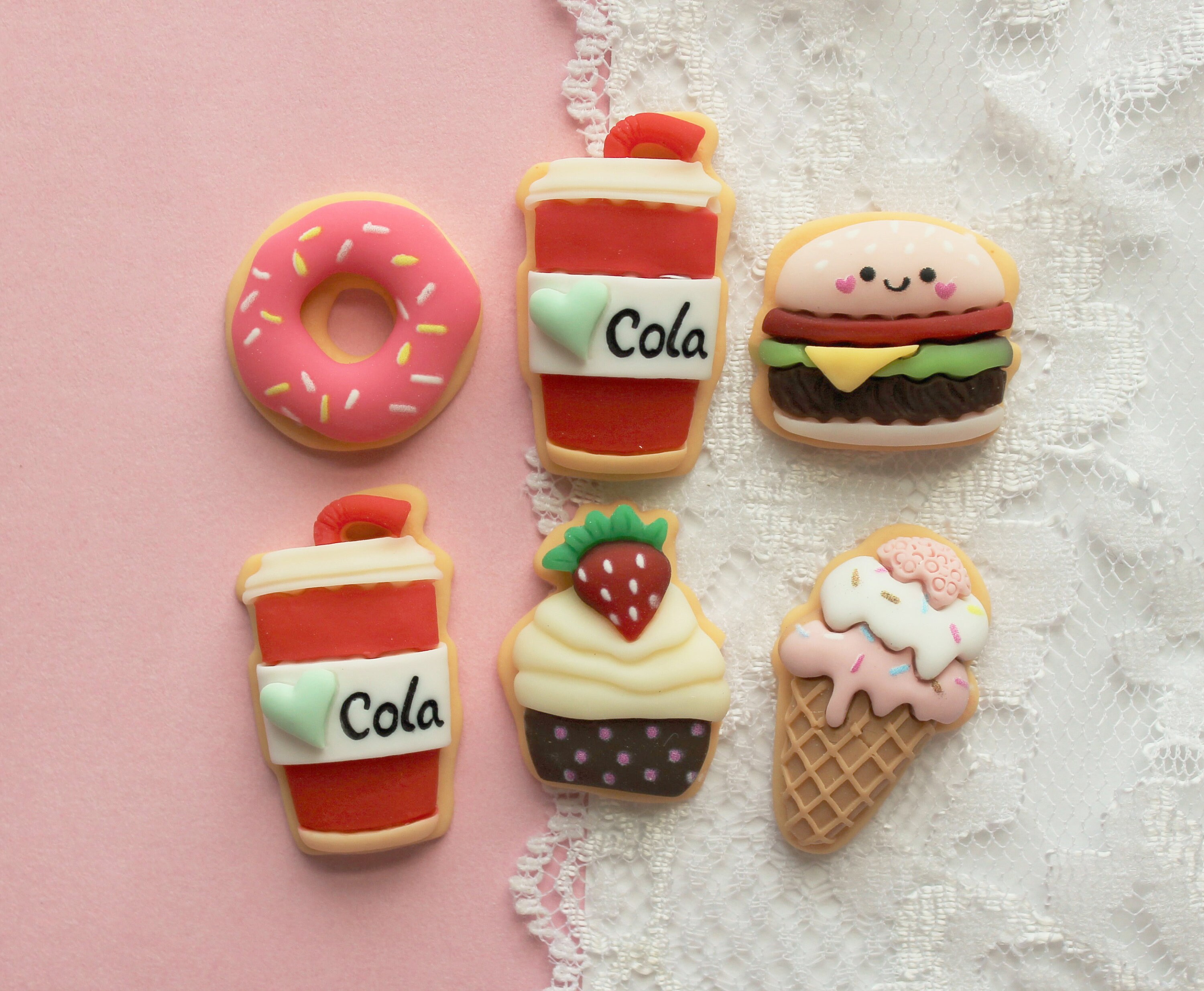 6 Pcs Matte Snack Food Shaped Cookie Cabochons - 28x20mm