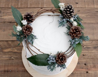 Woodland Cake Decoration, Flower Wreath Cake Topper, Pine Cone and Dry Flowers for Cake