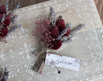 Burgundy Dry Flower Boutonniere, Wedding Lapel Pin for Groom, Rustic Farmhouse, Lavender and Baby's Breath