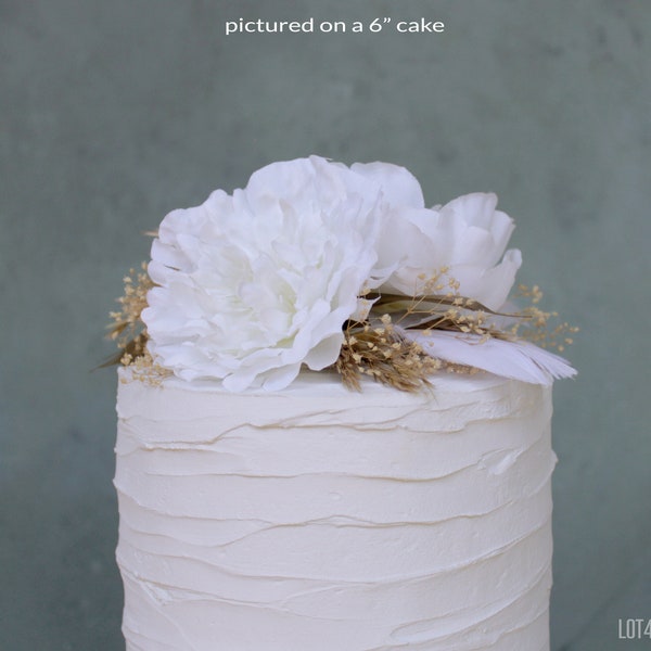 Boho White Peony Floral Cake Topper, Artificial Flower Cake Decorations with Gold Leaves and White Feathers