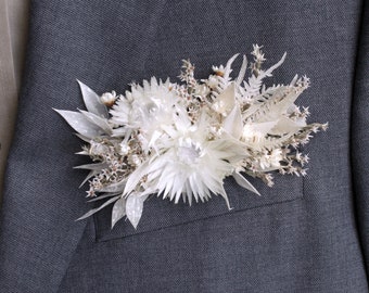 White Dried Flower Pocket Square Boutonniere, Wedding Flowers, Prom Formal Bout