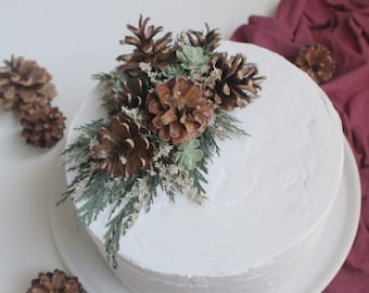 Pine Cone Cake Topper with Evergreens, Cake Top Decor, Christmas Wedding, Rustic Woodland Pinecones