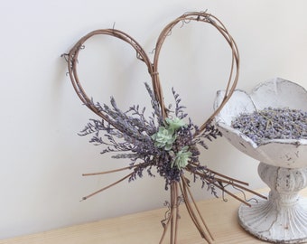 Lavender Dried Flower Grapevine Heart Wreath with Faux Succulents, Purple Dry Florals and Herbs, Farmhouse Heart Shaped Twig Wreath