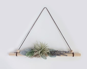 Triangle Wood Wreath with a Faux Air Plant, Lambs Ear and Dried Lavender, Modern Boho Bohemian Wall Hanging, Rustic Year Round Decor