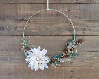 Winter Boho Gold Hoop Wreath, Christmas Half Wreath with Dried Flowers, 10" and 14"