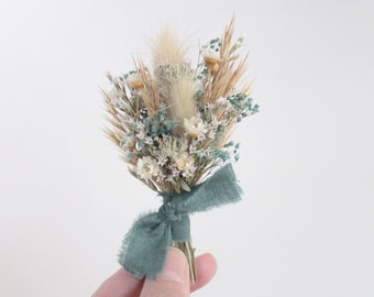 Boho Beach Boutonniere, Teal and Neutrals, Dry Dried Flower Boutonniere with Wildflowers and Herbs