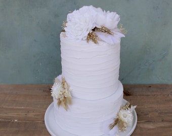Boho White and Gold Tiered Cake Decorations, Floral Top and Picks, Set of 3, Peonies with Gold and Feathers, Wedding Cake Flower Kit
