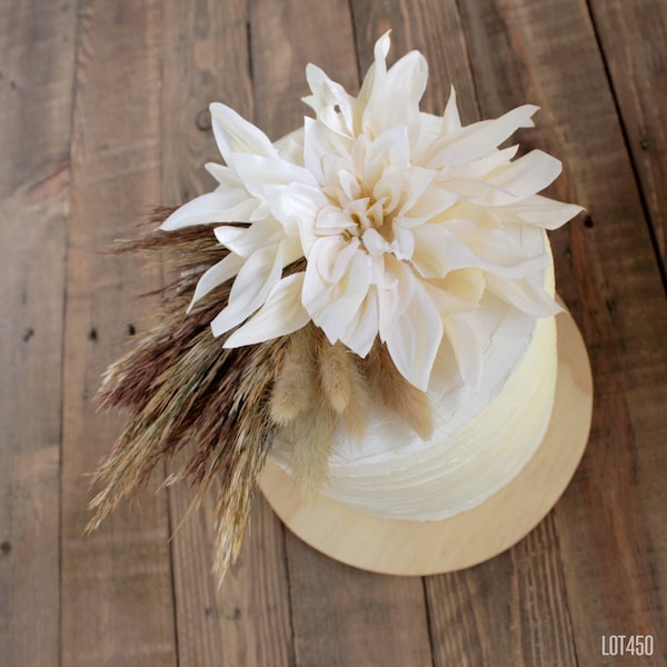 Cream Dahlia Cake Topper with Natural and Brown Dry Flowers, Rustic Boho Decorations for Cakes, Artificial Floral Cake Top