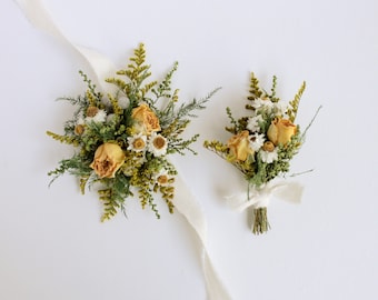 Wrist or Pin On Corsage and Boutonniere Set, Wildflower Mixed Floral Set for Wedding or Prom, Yellow Dry Flower