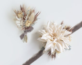 Corsage Wristlet or Pin On with Matching Boutonniere, Corsage Set for Prom or Wedding, Neutral Fall Colors