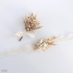 Corsage and Boutonniere Set, Matching Wrist Corsage and Boutonniere, Neutral Boho Rustic Dry Flowers