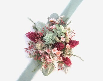 Sage Green and Pink Wrist Corsage, Spring Summer Wildflowers, Dried Flowers Herbs and Fern, Wedding Shower or Prom