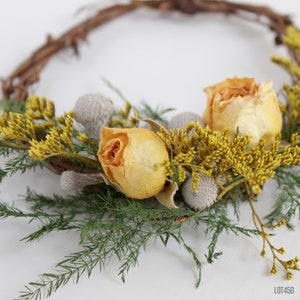 Small Spring Grapevine Wreath, Little Accent Wreath, Yellow Dry Flowers with Fern, Boho Farmhouse Decor image 2