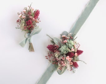 Wrist Corsage Set for Prom with Matching Boutonniere, Dried Flower Pink and Sage Green Mix with Succulents