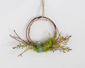 Small Faux Succulent Grapevine Wreath with Chartreuse Moss and Wildflowers, Farmhouse Rustic Decor