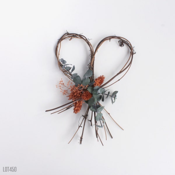 Eucalyptus Grapevine Heart Wreath with Burnt Orange Dried Flowers, Wall Decor, Rustic Boho Farmhouse