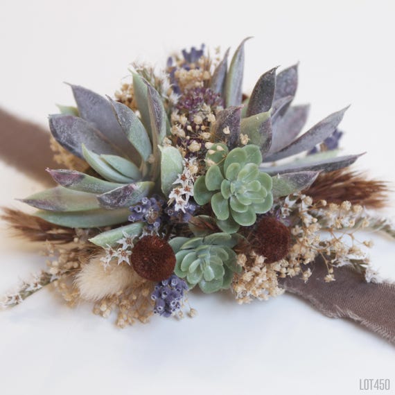 Wildflower Succulent Corsage, Brown and Lavender, Rustic Natural Dried Flowers, Boho Wristlet for Prom or Wedding, Wrist or Pin On