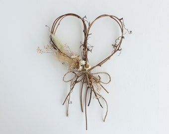 Grapevine Heart Wreath with Dry Flowers, Natural Neutrals, White and Cream, Wall Decor, Rustic Boho Farmhouse