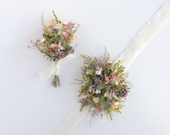 Boho Mixed Wildflower Matching Corsage and Boutonniere Set, Prom or Wedding, Mixed Dried Flower Corsage and Bout