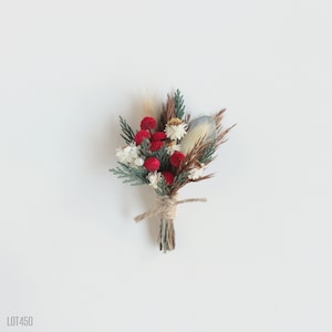 Christmas Boutonniere with Red White and Green Dried Flowers, Groom Bout, Wedding or Prom Flowers for Men