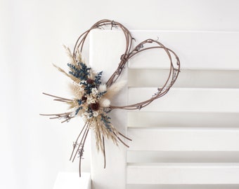 Boho Rustic Grapevine Heart Wreath with Blue and Neutral Dry Flowers and Grasses