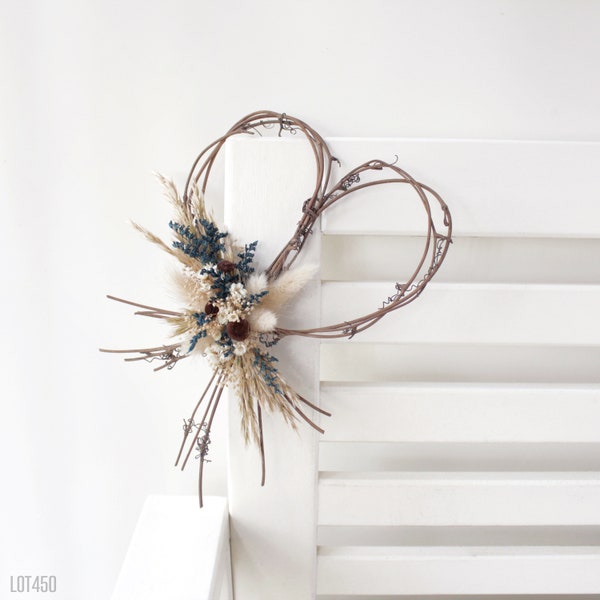 Boho Rustic Grapevine Heart Wreath with Blue and Neutral Dry Flowers and Grasses