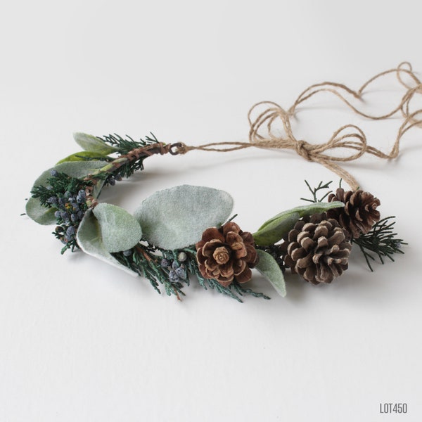 Christmas Winter Holiday Dried Flower Hair Head Piece, Rustic Pine Cone Half Crown,  Lambs Ear and Evergreens