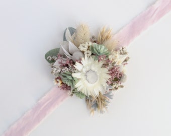 Pink Wrist Corsage or Pin On with Mixed Dry Flowers, Boho Florals Prom or Wedding Wristlet, Pink, Sage and White with Succulents