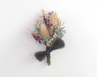 Mixed Dry Flower Boutonniere, Jewel Tones with Black, Groom Lapel Pin, Prom or Wedding Dried Florals