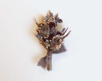 Brown and Lavender Dry Flower Boutonniere, Flowers for Men, Mix of Dried Flower Bout for Groom, Wedding or Prom, Herbal Garden Boho