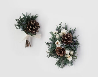 Pine Cone and Evergreen Boutonniere and Corsage Set