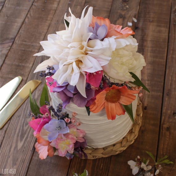 Spring Cake Set, Floral Topper and Pick, Artificial Flowers for Cake Decorating, Bright Colors, Summer Garden Wedding or Birthday