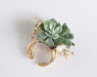 Succulent Ring with Artificial and Dried Flowers, Adjustable Flower Jewelry