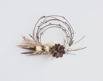 Boho Dried Pinecone Wreath with Wild Grapevine, Rustic Farmhouse Decor, Neutral Brown Fall Wreath, Small 5 Inch Accent Wreath