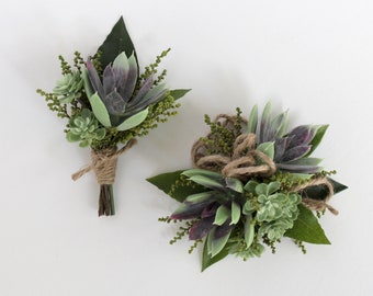 Succulent Corsage and Boutonniere Set, Artificial Flowers, Wedding or Prom, Bohemian Rustic, Wrist or Pin