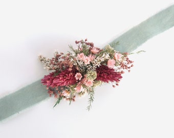 Sage and Pink Bracelet Corsage, Small Wrist Corsage with Dried Flowers, Prom or Wedding Accessory